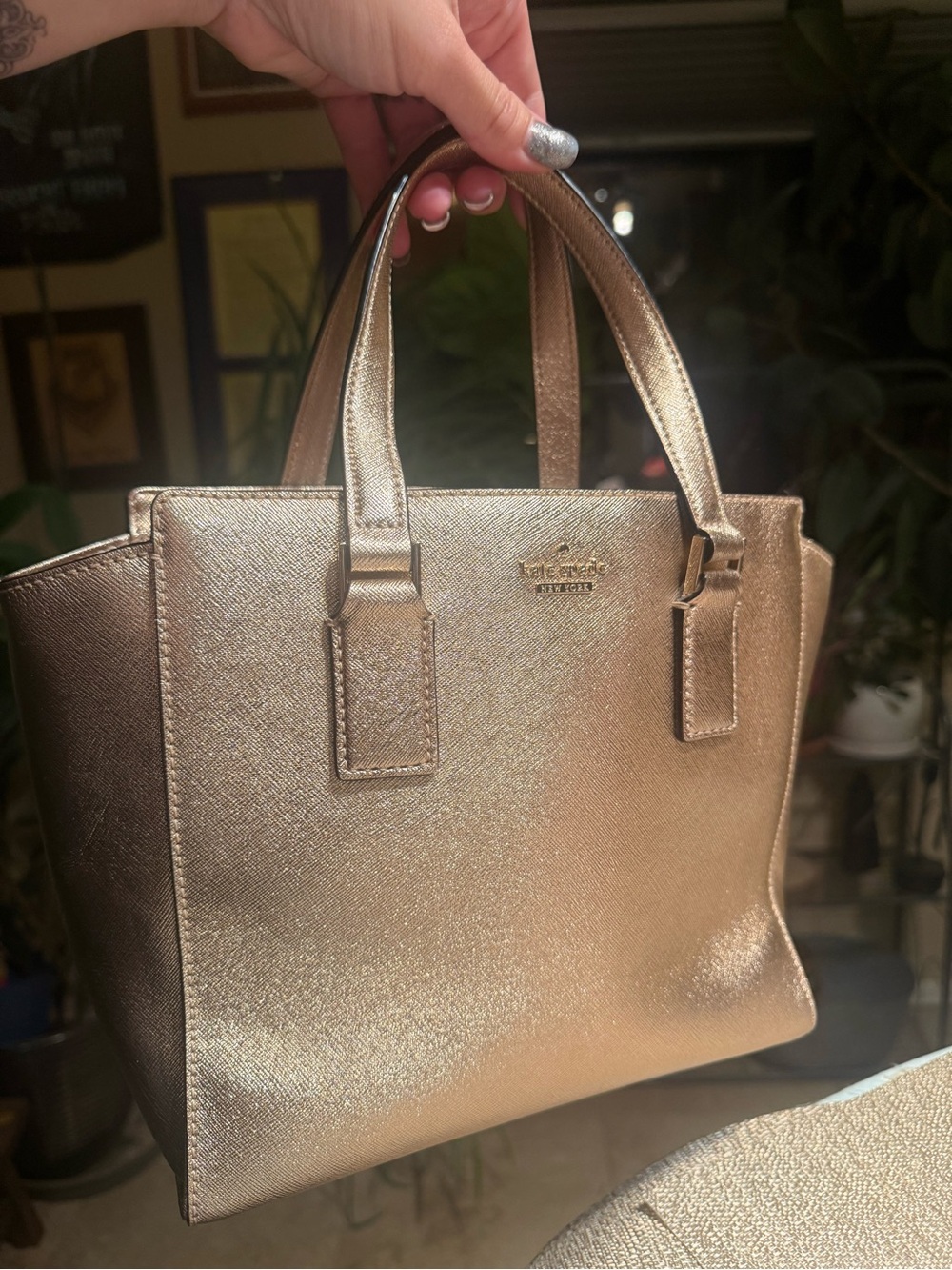 Kate Spade New York Metallic Gold Saffiano Tote Satchel Handbag Champagne